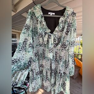 Mimi Chica Floral Tie-Front Dress in Mint & Black